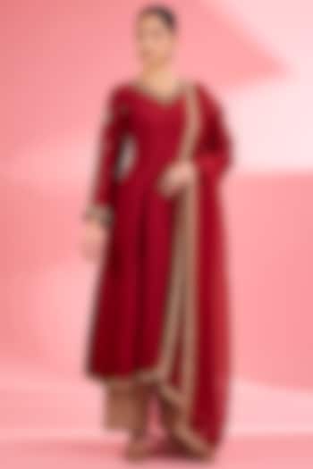 Maroon Katan Silk Cutdana Embroidered Flared Kurta Set by Milu Madan at Pernia's Pop Up Shop