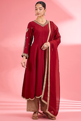 Maroon Katan Silk Cutdana Embroidered Flared Kurta Set by Milu Madan