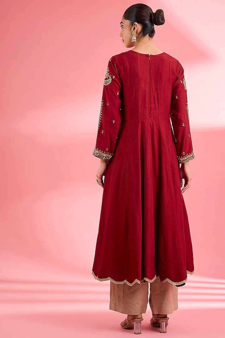 Maroon Katan Silk Cutdana Embroidered Flared Kurta Set by Milu Madan at Pernia's Pop Up Shop