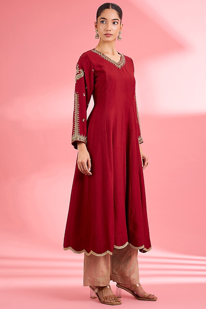Maroon Katan Silk Cutdana Embroidered Flared Kurta Set by Milu Madan at Pernia's Pop Up Shop