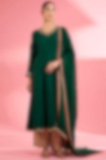 Dark Green Katan Silk Cutdana Embroidered Flared Kurta Set by Milu Madan at Pernia's Pop Up Shop