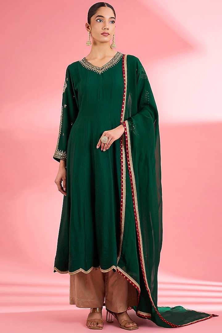 Dark Green Katan Silk Cutdana Embroidered Flared Kurta Set by Milu Madan at Pernia's Pop Up Shop