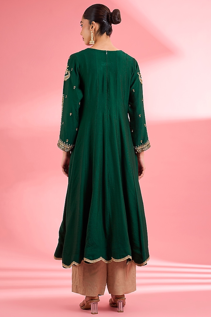 Dark Green Katan Silk Cutdana Embroidered Flared Kurta Set by Milu Madan at Pernia's Pop Up Shop