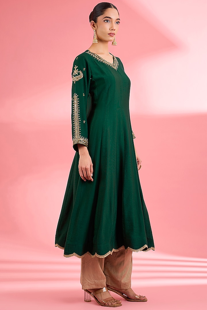 Dark Green Katan Silk Cutdana Embroidered Flared Kurta Set by Milu Madan at Pernia's Pop Up Shop