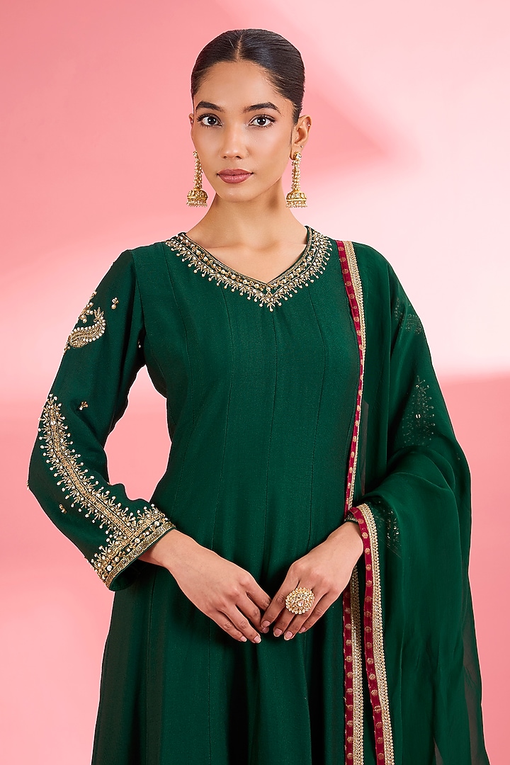 Dark Green Katan Silk Cutdana Embroidered Flared Kurta Set by Milu Madan at Pernia's Pop Up Shop
