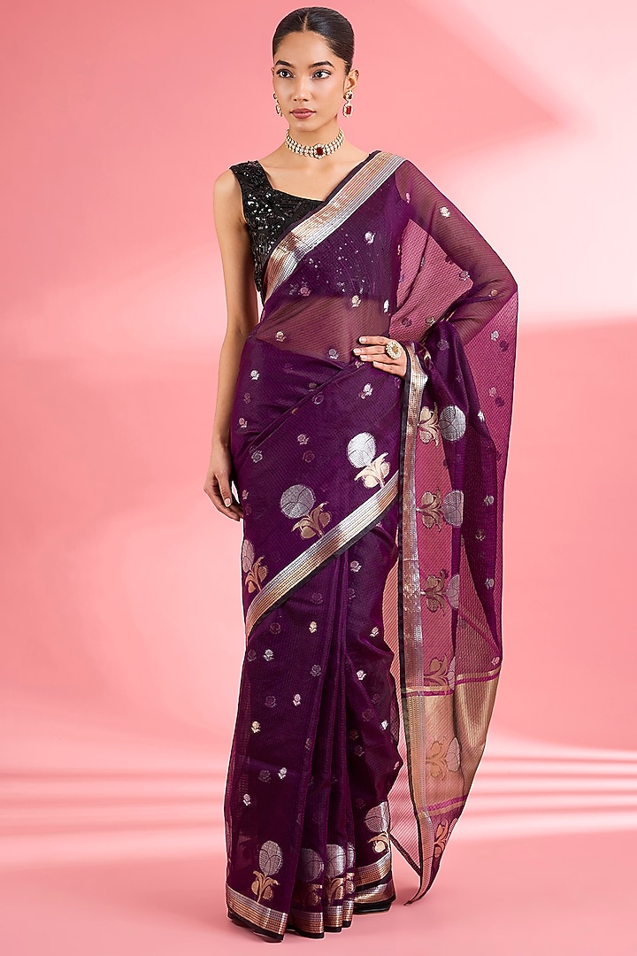 Wine Kota Doria Silk Zari Festive Saree Set by Milu Madan at Pernia's Pop Up Shop