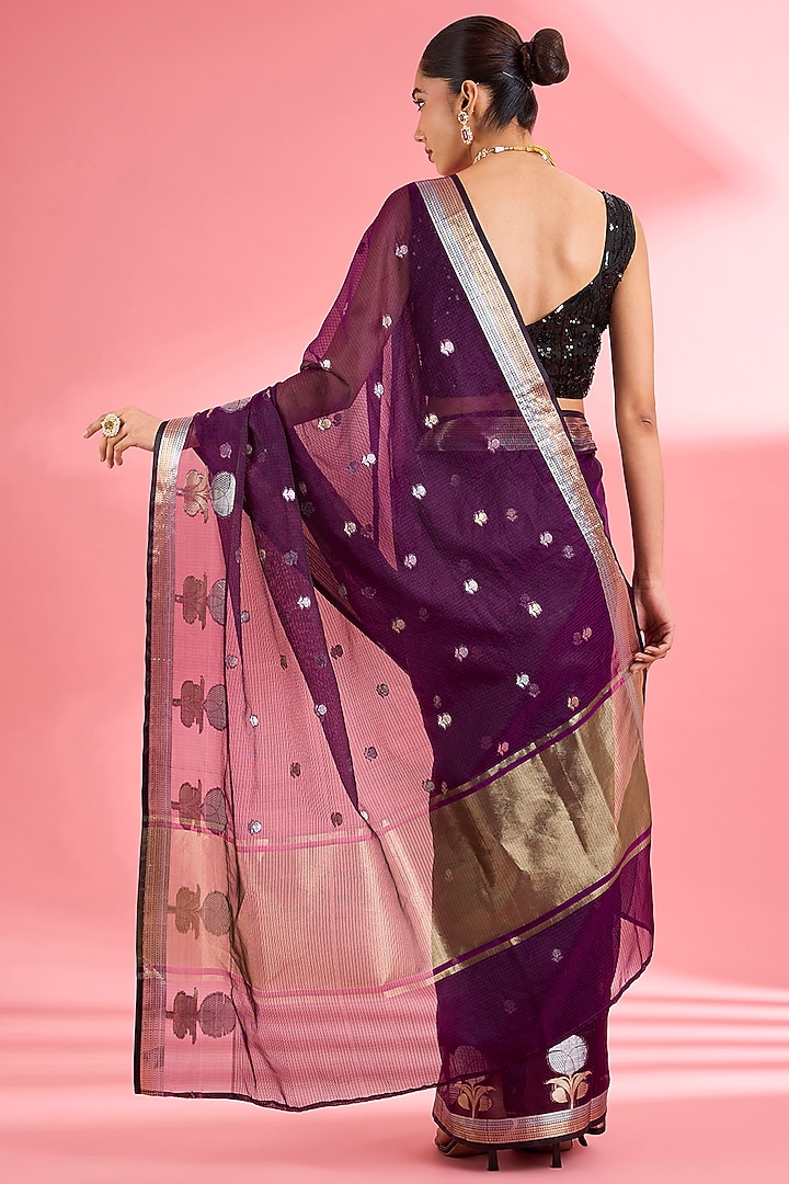 Wine Kota Doria Silk Zari Festive Saree Set by Milu Madan at Pernia's Pop Up Shop