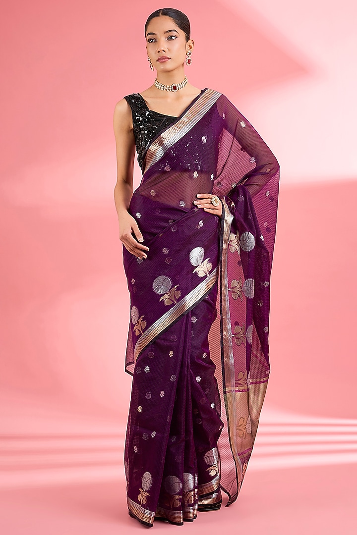 Wine Kota Doria Silk Zari Festive Saree Set by Milu Madan at Pernia's Pop Up Shop