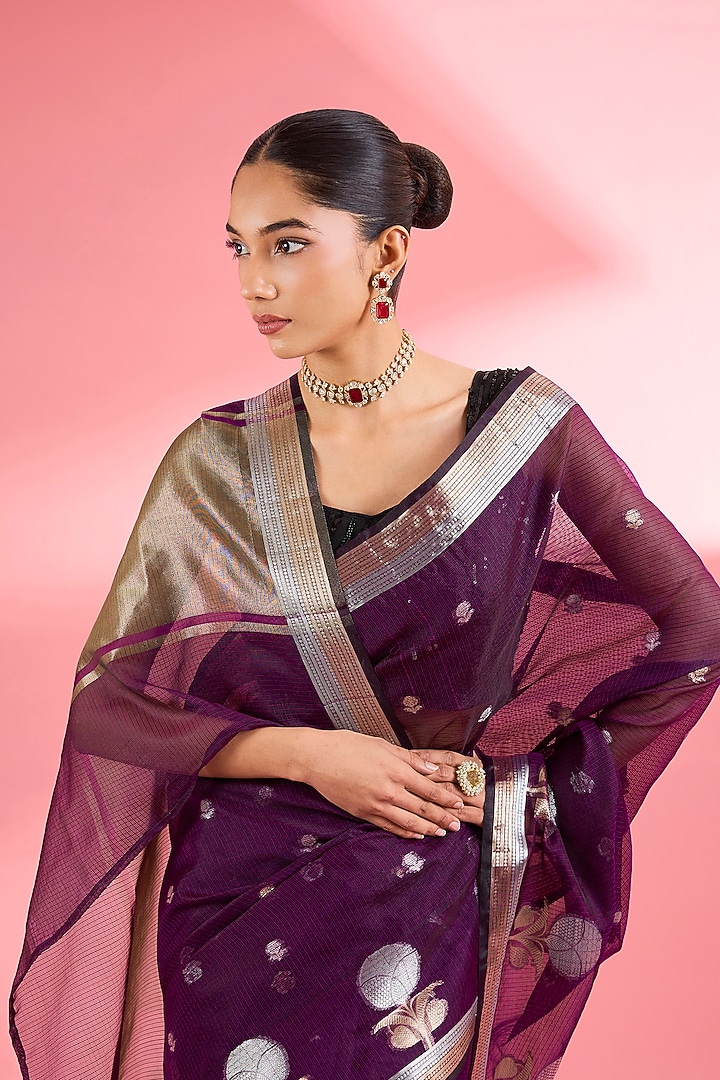 Wine Kota Doria Silk Zari Festive Saree Set by Milu Madan at Pernia's Pop Up Shop