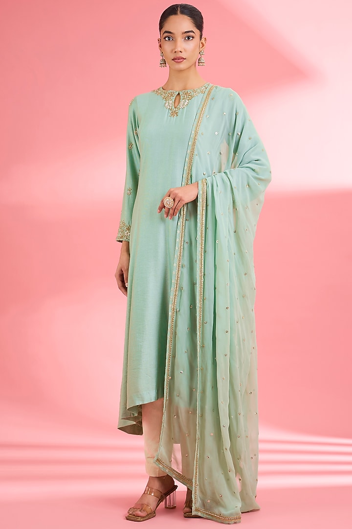 Sea Green Katan Silk Cutdana Embroidered Kurta Set by Milu Madan at Pernia's Pop Up Shop