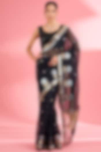 Black Kota Doria Silk Zari Festive Saree Set by Milu Madan at Pernia's Pop Up Shop