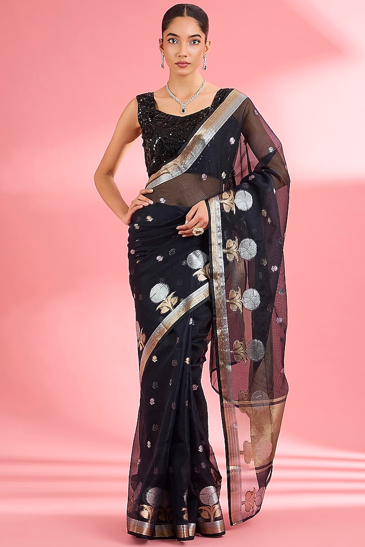 Black Kota Doria Silk Zari Festive Saree Set by Milu Madan at Pernia's Pop Up Shop