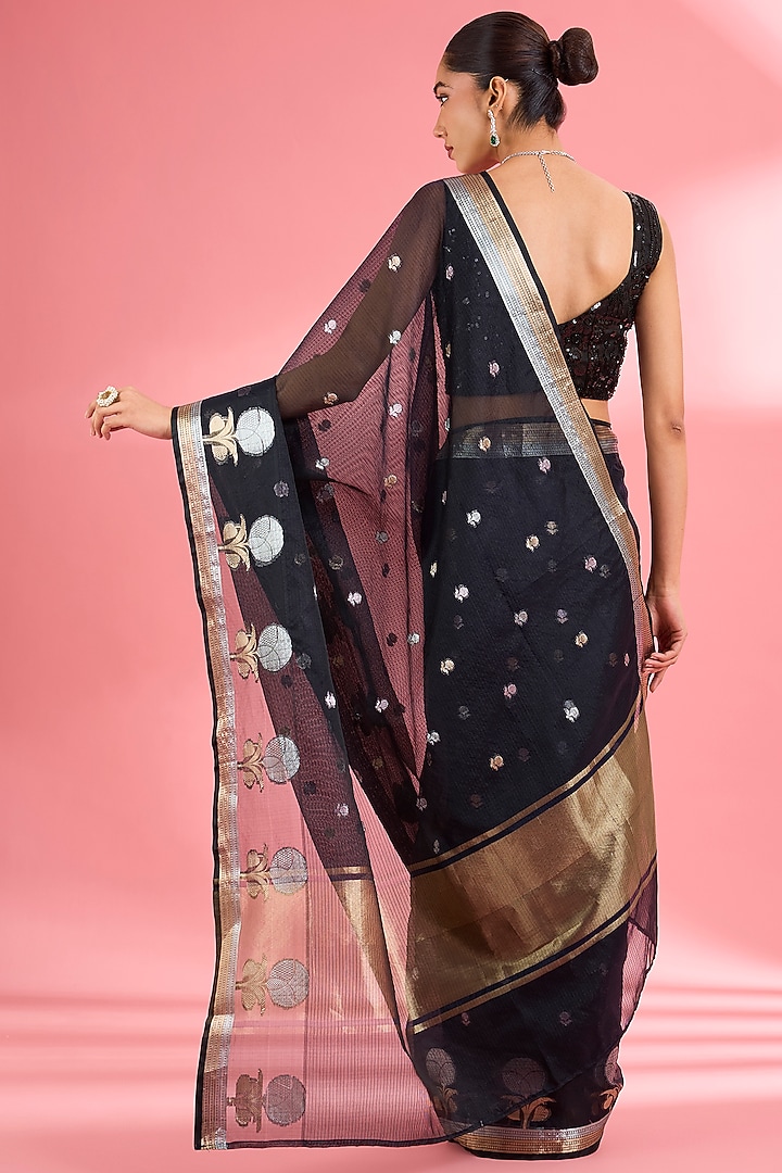 Black Kota Doria Silk Zari Festive Saree Set by Milu Madan at Pernia's Pop Up Shop