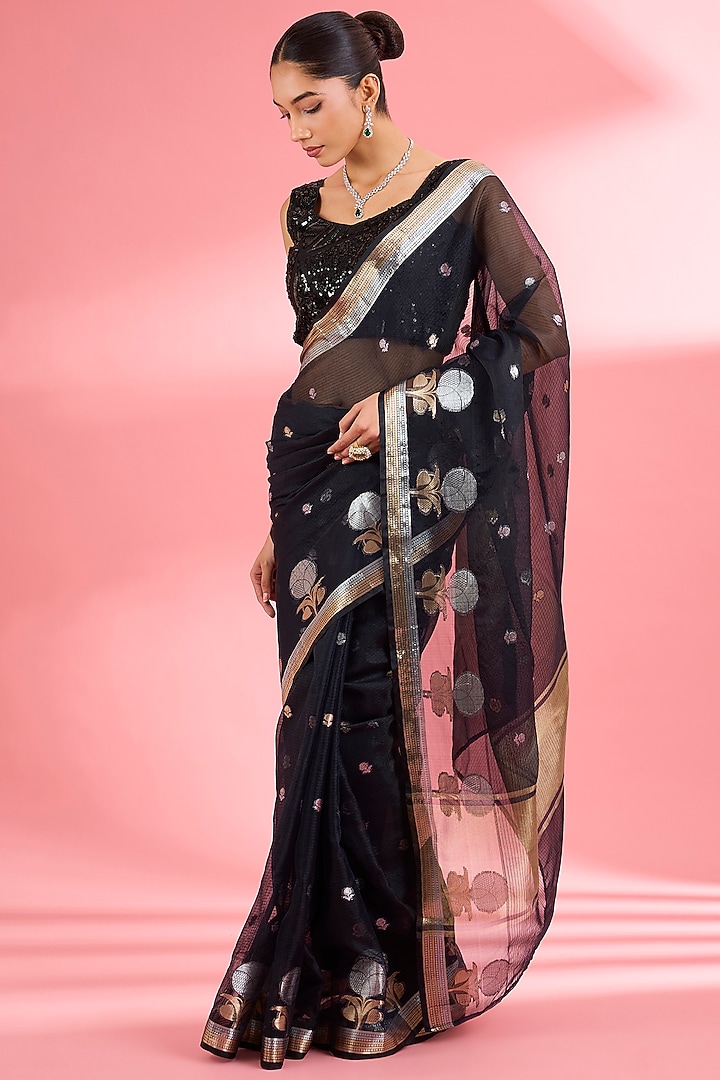 Black Kota Doria Silk Zari Festive Saree Set by Milu Madan at Pernia's Pop Up Shop