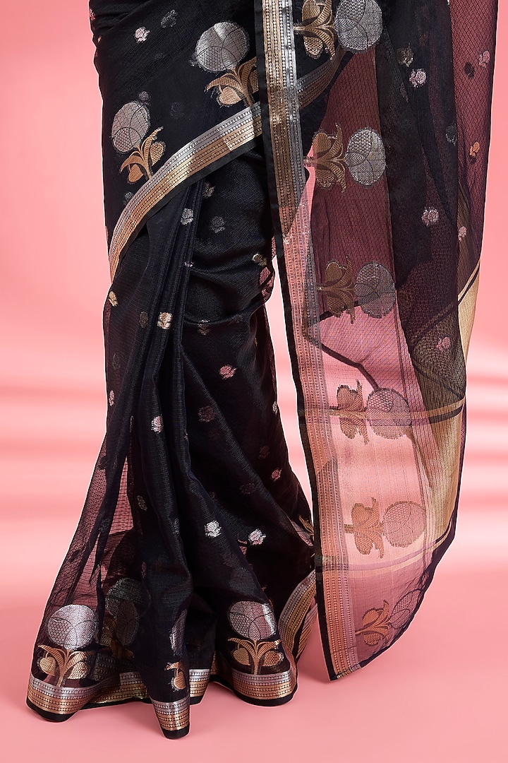Black Kota Doria Silk Zari Festive Saree Set by Milu Madan at Pernia's Pop Up Shop