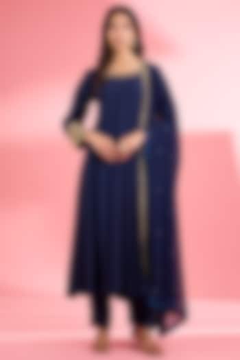 Dark Blue Katan Silk Cutdana Embroidered A-line Kurta Set by Milu Madan at Pernia's Pop Up Shop