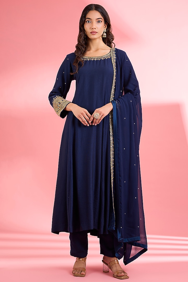 Dark Blue Katan Silk Cutdana Embroidered A-line Kurta Set by Milu Madan at Pernia's Pop Up Shop