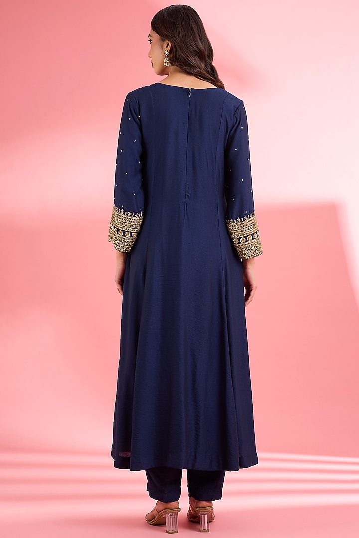 Dark Blue Katan Silk Cutdana Embroidered A-line Kurta Set by Milu Madan at Pernia's Pop Up Shop
