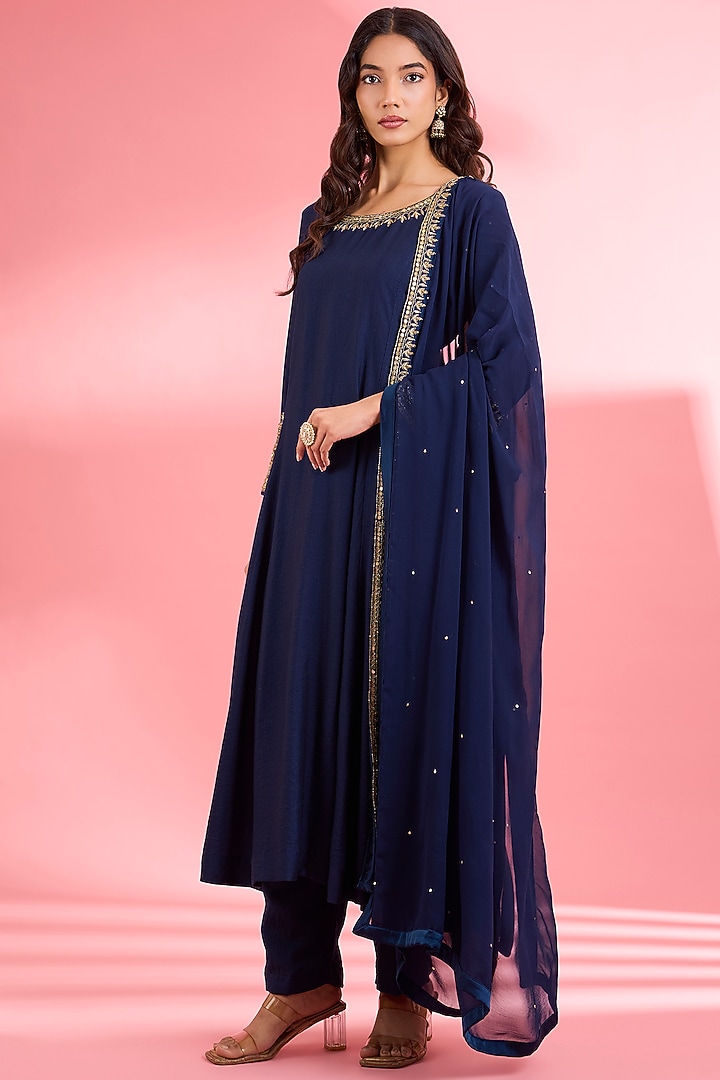 Dark Blue Katan Silk Cutdana Embroidered A-line Kurta Set by Milu Madan at Pernia's Pop Up Shop