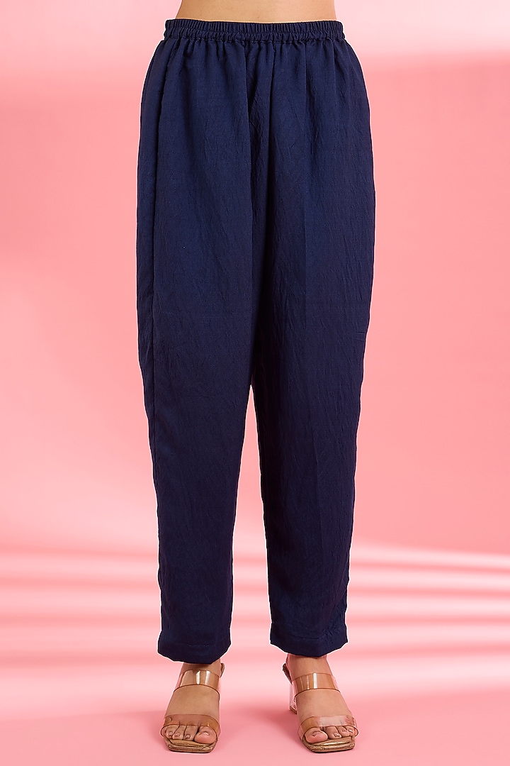 Dark Blue Katan Silk Cutdana Embroidered A-line Kurta Set by Milu Madan at Pernia's Pop Up Shop
