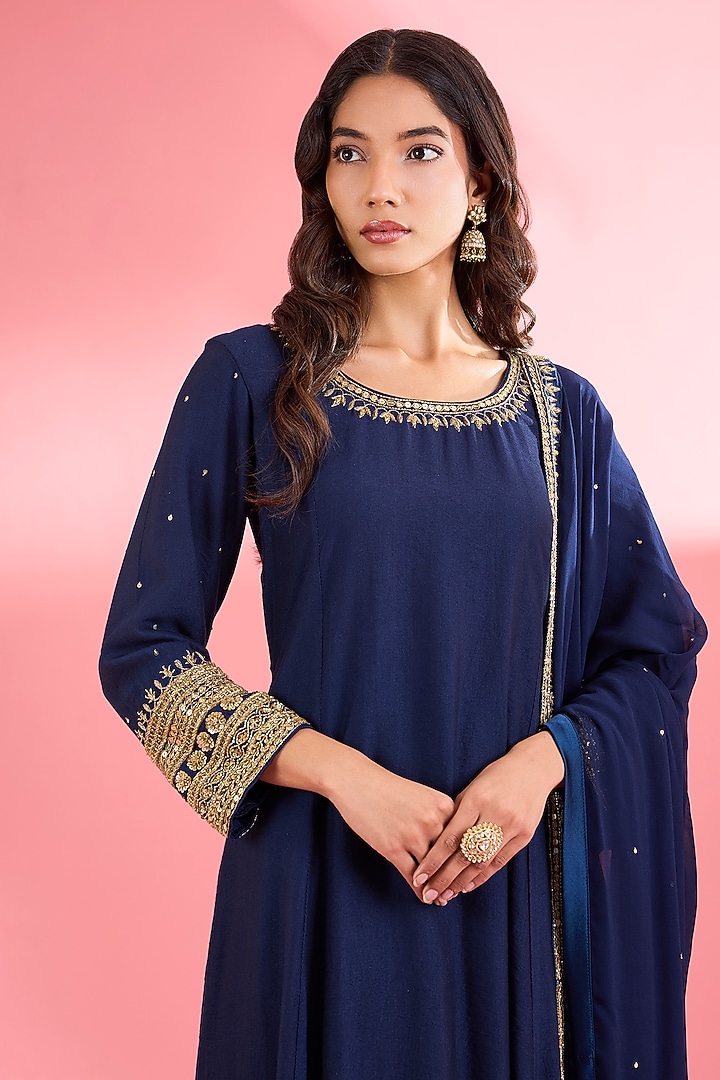 Dark Blue Katan Silk Cutdana Embroidered A-line Kurta Set by Milu Madan at Pernia's Pop Up Shop