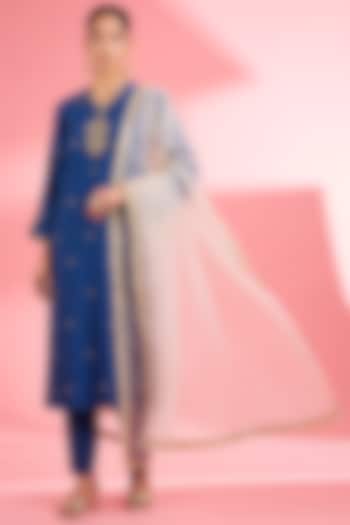 Blue Katan Silk Cutdana Embroidered A-line Kurta Set by Milu Madan at Pernia's Pop Up Shop