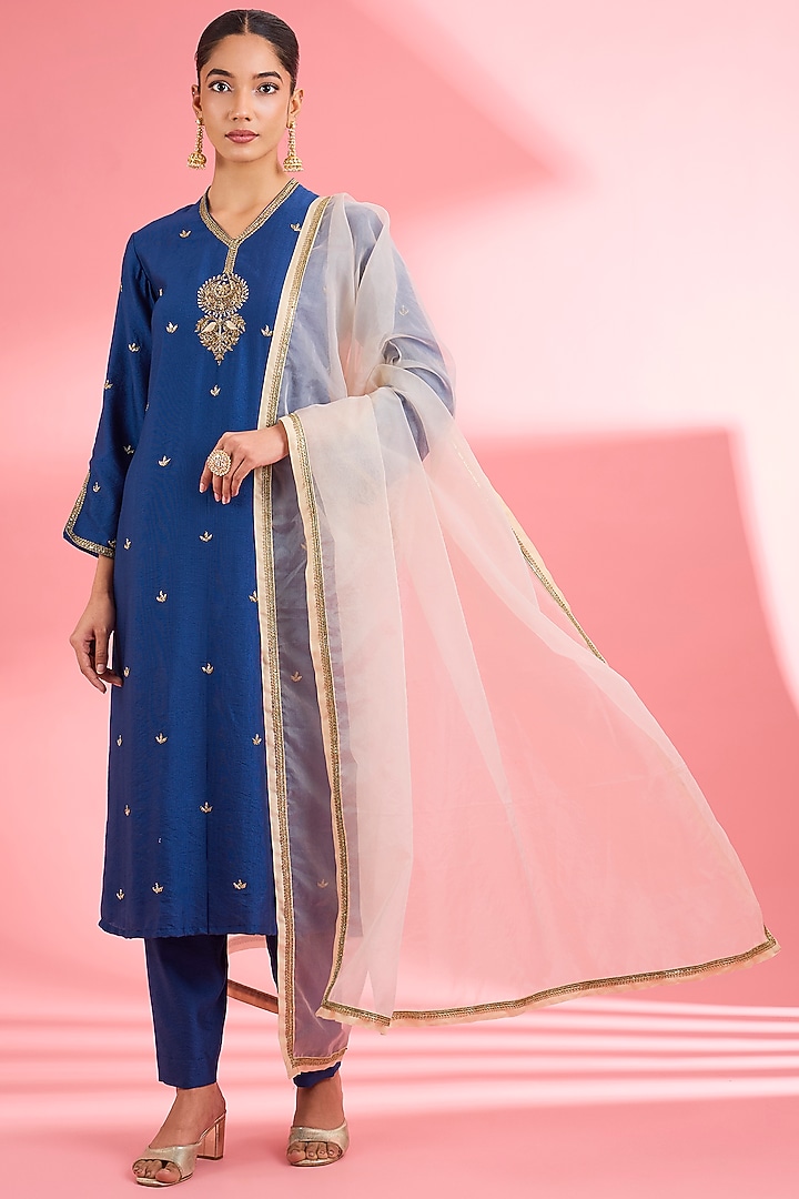 Blue Katan Silk Cutdana Embroidered A-line Kurta Set by Milu Madan at Pernia's Pop Up Shop