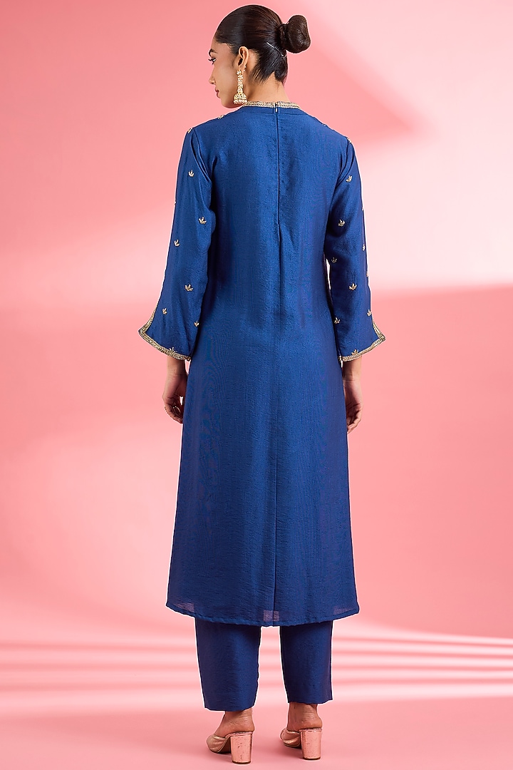 Blue Katan Silk Cutdana Embroidered A-line Kurta Set by Milu Madan at Pernia's Pop Up Shop