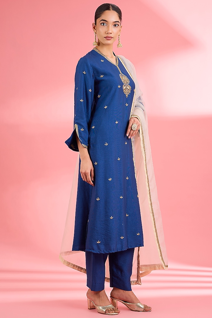 Blue Katan Silk Cutdana Embroidered A-line Kurta Set by Milu Madan at Pernia's Pop Up Shop