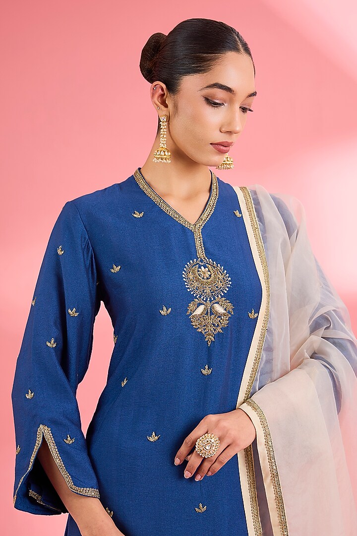 Blue Katan Silk Cutdana Embroidered A-line Kurta Set by Milu Madan at Pernia's Pop Up Shop
