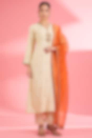 Light Beige Katan Silk Cutdana Embroidered A-line Kurta Set by Milu Madan at Pernia's Pop Up Shop