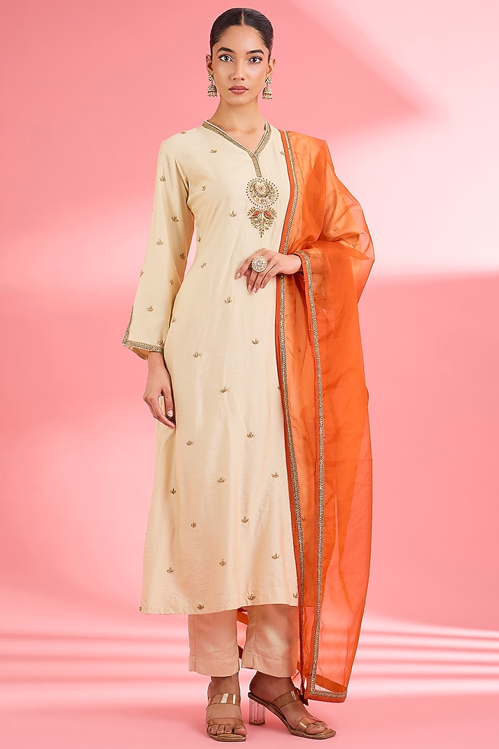 Light Beige Katan Silk Cutdana Embroidered A-line Kurta Set by Milu Madan at Pernia's Pop Up Shop