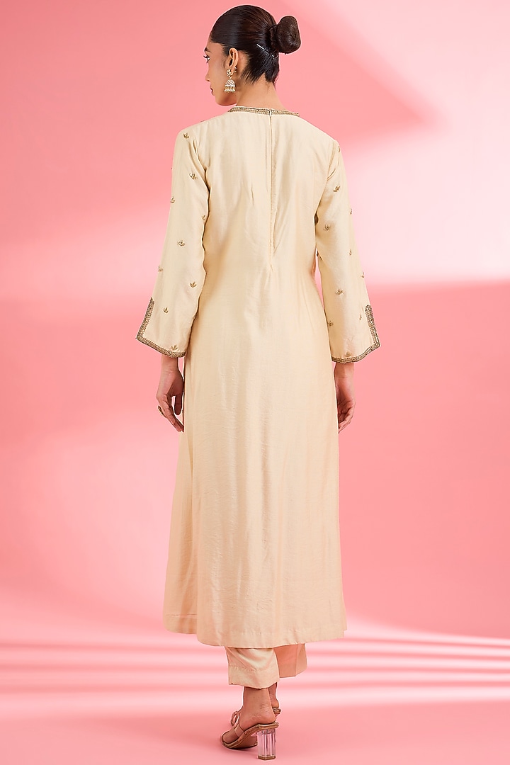 Light Beige Katan Silk Cutdana Embroidered A-line Kurta Set by Milu Madan at Pernia's Pop Up Shop