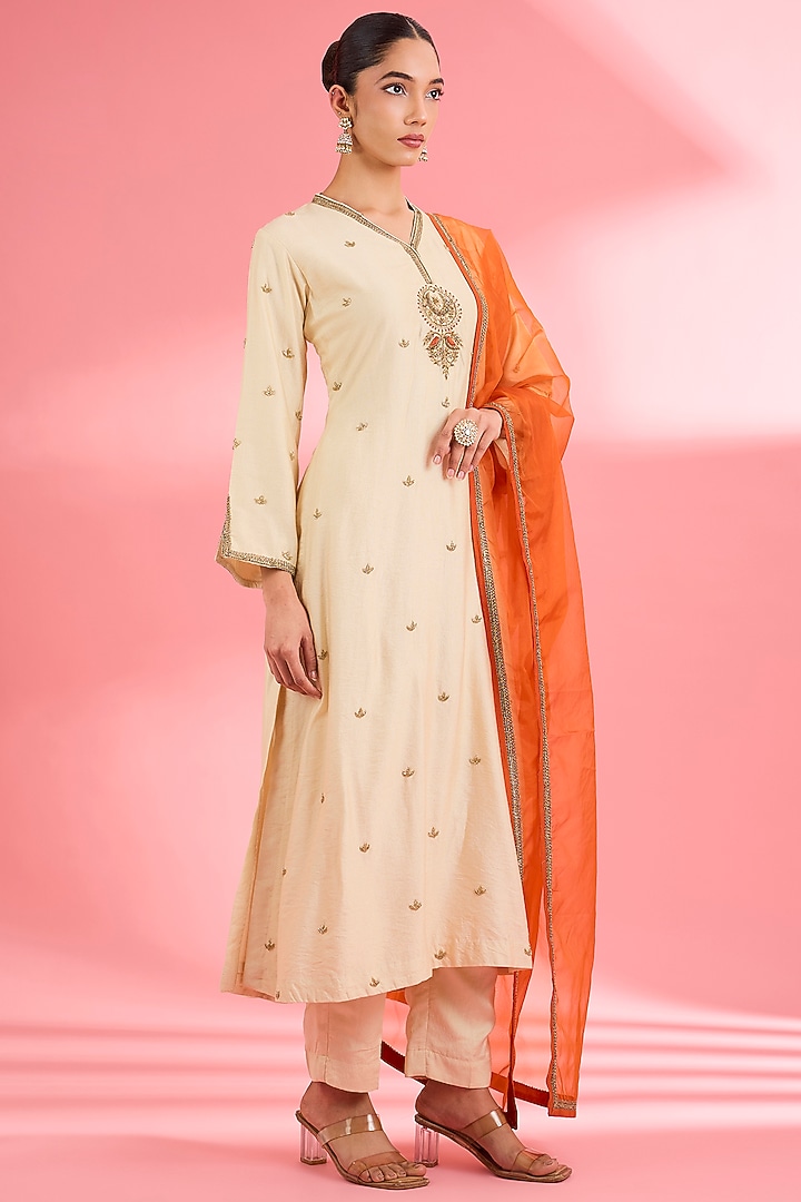 Light Beige Katan Silk Cutdana Embroidered A-line Kurta Set by Milu Madan at Pernia's Pop Up Shop