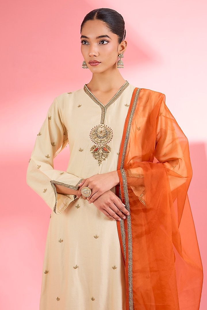 Light Beige Katan Silk Cutdana Embroidered A-line Kurta Set by Milu Madan at Pernia's Pop Up Shop