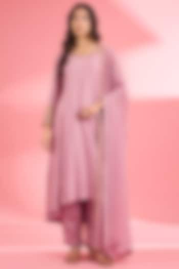 Pink Katan Silk Cutdana Embroidered A-Line Kurta Set by Milu Madan at Pernia's Pop Up Shop