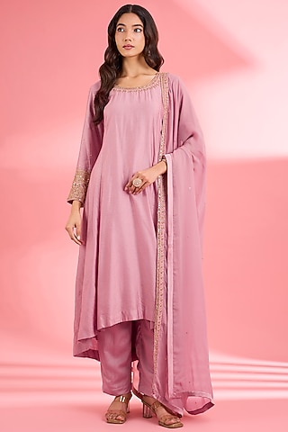 Pink Katan Silk Cutdana Embroidered A-Line Kurta Set by Milu Madan