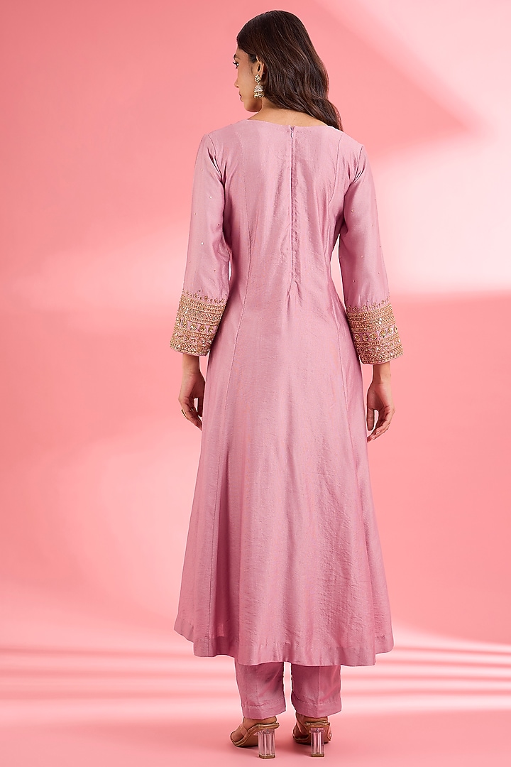 Pink Katan Silk Cutdana Embroidered A-Line Kurta Set by Milu Madan at Pernia's Pop Up Shop