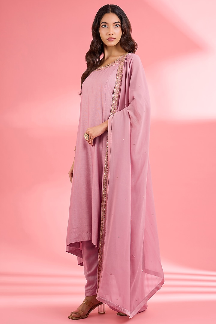 Pink Katan Silk Cutdana Embroidered A-Line Kurta Set by Milu Madan at Pernia's Pop Up Shop