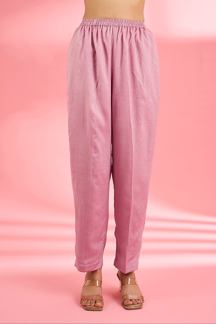 Pink Katan Silk Cutdana Embroidered A-Line Kurta Set by Milu Madan at Pernia's Pop Up Shop