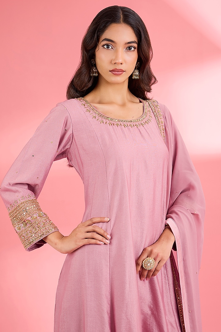 Pink Katan Silk Cutdana Embroidered A-Line Kurta Set by Milu Madan at Pernia's Pop Up Shop