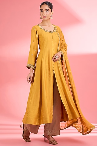 Mustard Katan Silk Cutdana Embroidered Anarkali Set by Milu Madan