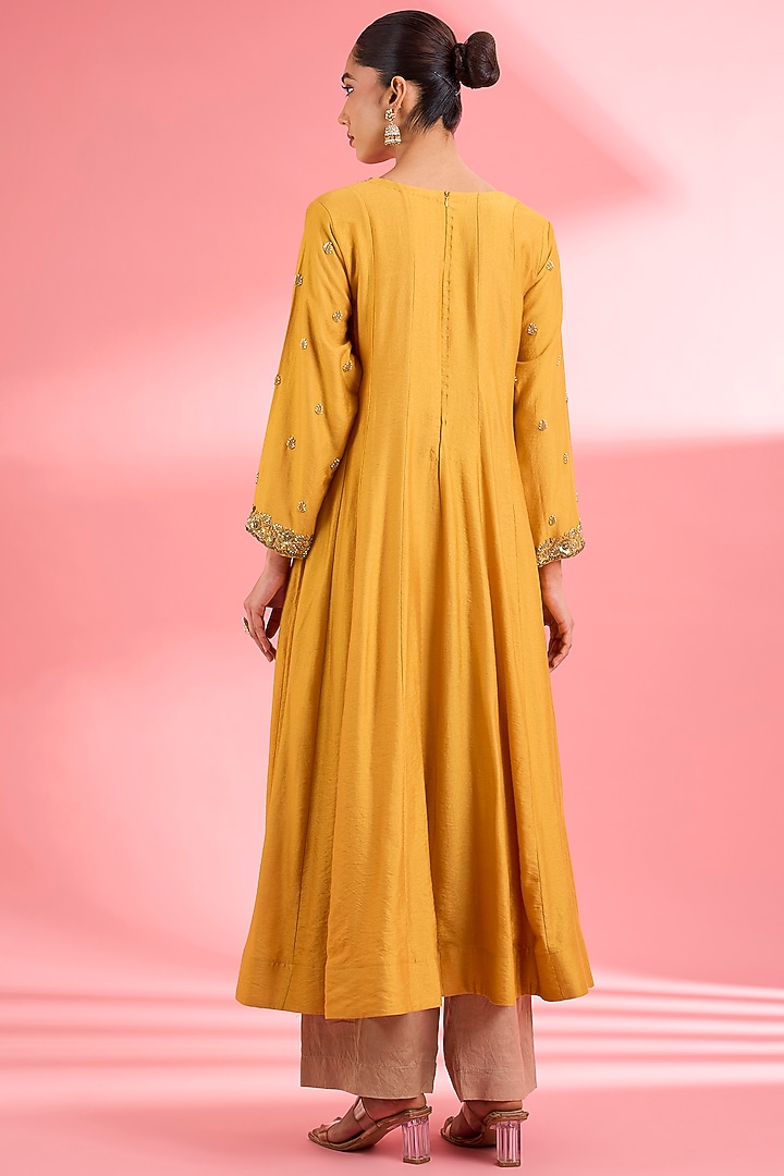 Mustard Katan Silk Cutdana Embroidered Party Wear Anarkali Set by Milu Madan at Pernia's Pop Up Shop