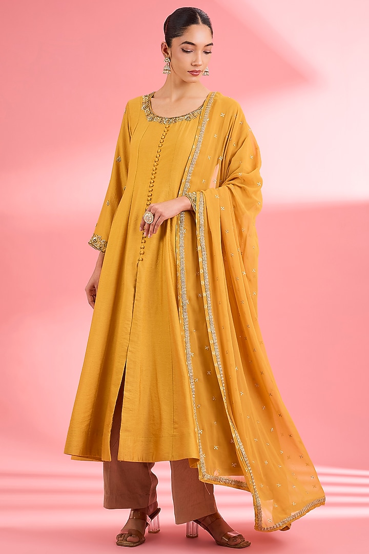 Mustard Katan Silk Cutdana Embroidered Party Wear Anarkali Set by Milu Madan at Pernia's Pop Up Shop