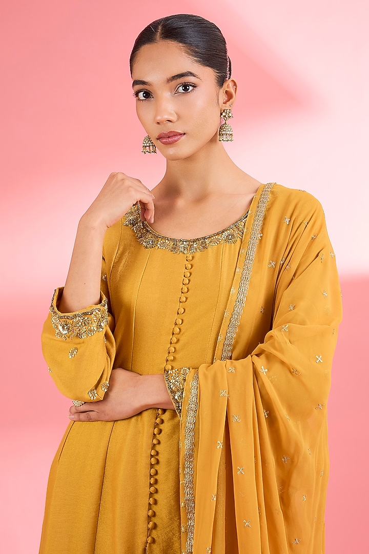 Mustard Katan Silk Cutdana Embroidered Party Wear Anarkali Set by Milu Madan at Pernia's Pop Up Shop