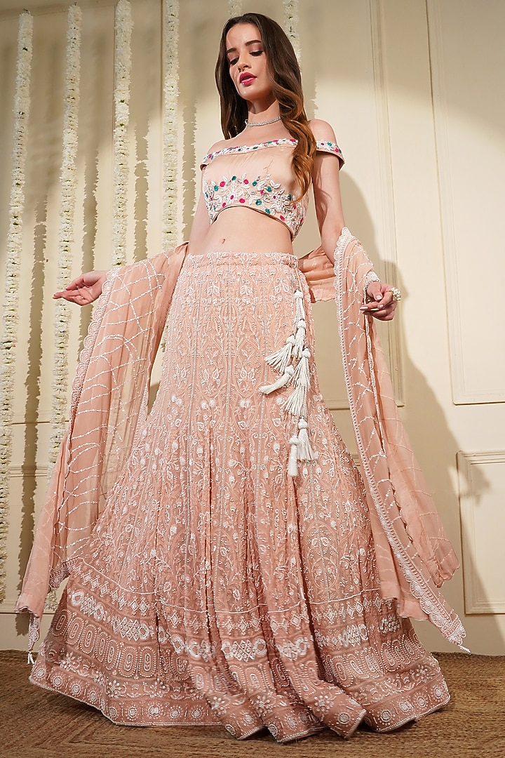 Light Peach Georgette Resham Embroidered Wedding Lehenga Set by Milu Madan at Pernia's Pop Up Shop
