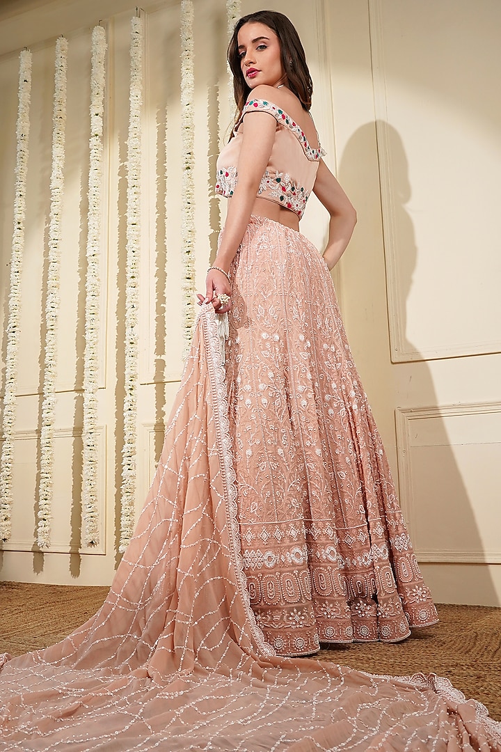 Light Peach Georgette Resham Embroidered Wedding Lehenga Set by Milu Madan at Pernia's Pop Up Shop