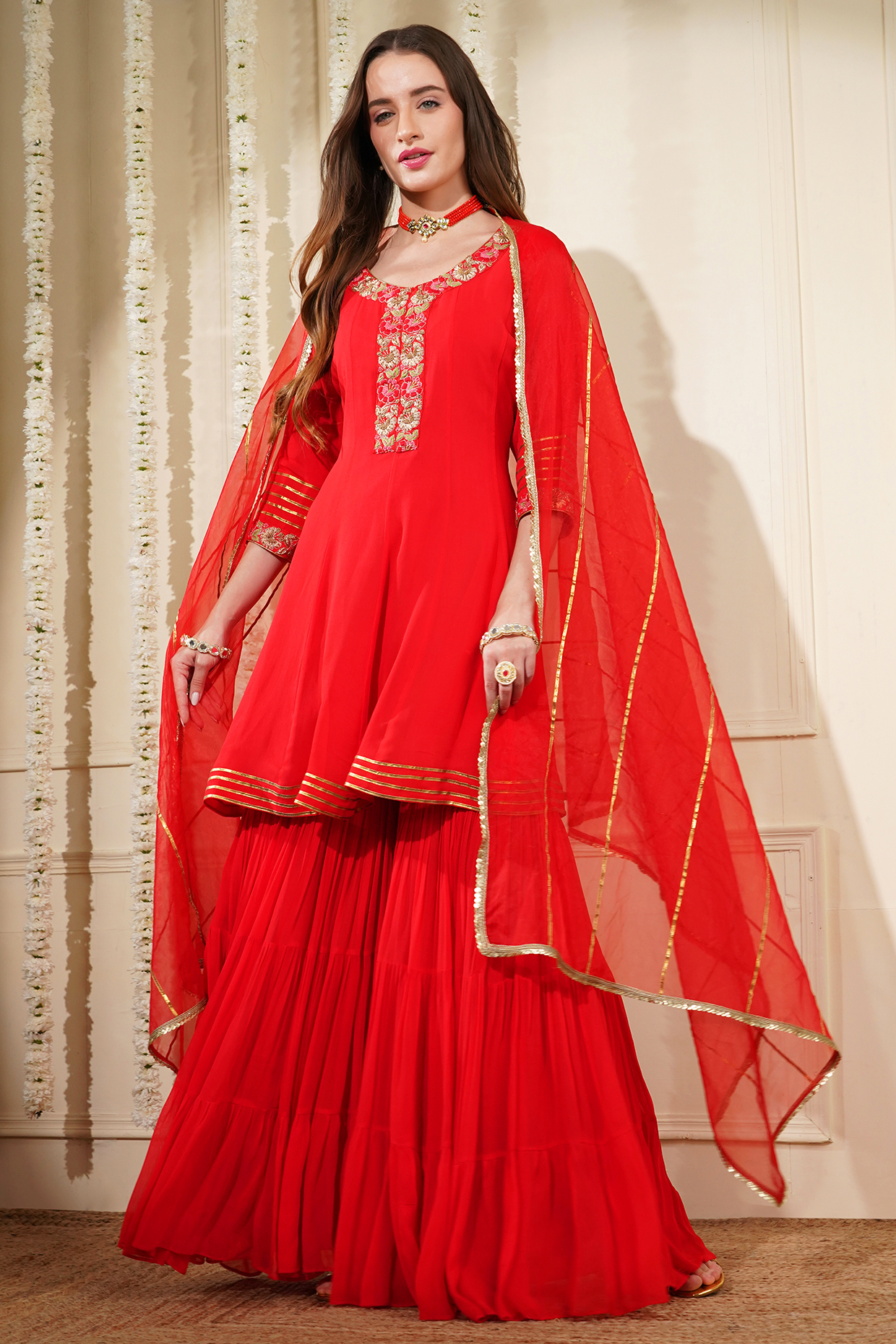 Red Georgette Party Wear Sharara Set by Milu Madan at Pernia's Pop Up Shop