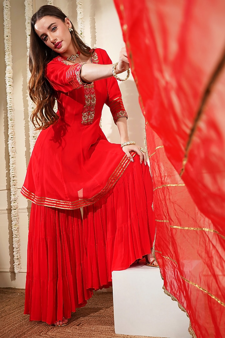Red Georgette Party Wear Sharara Set by Milu Madan at Pernia's Pop Up Shop