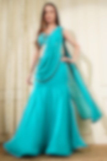 Teal Green Organza Fish Cut Draped Skirt Set by Milu Madan at Pernia's Pop Up Shop